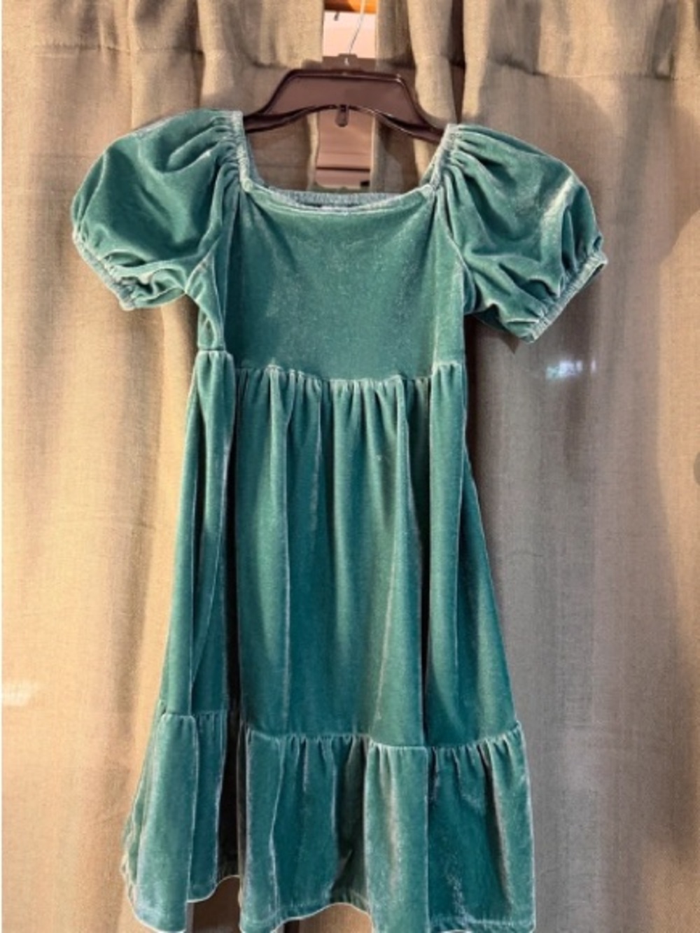 Red Teal Velvet Puff Sleeve Casual Dress